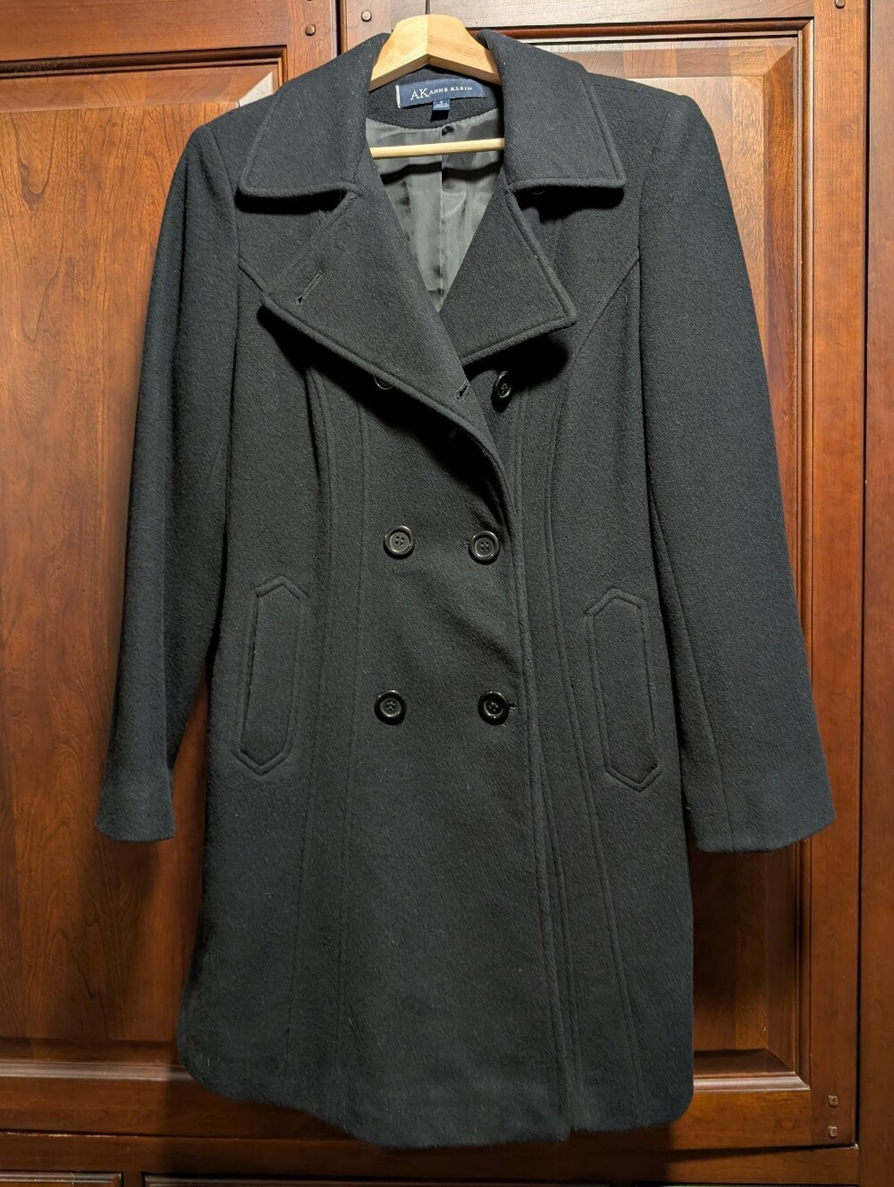 Anne Klein Black Double-Breasted Peacoat with Notch Collar